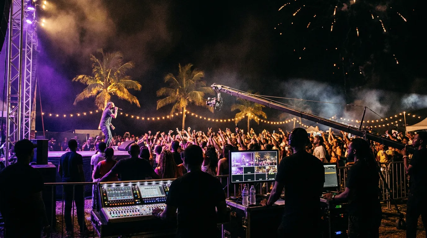 A live broadcast at a night concert: the artist on stage, the crowd with hands up, the crew at the vision mixer.