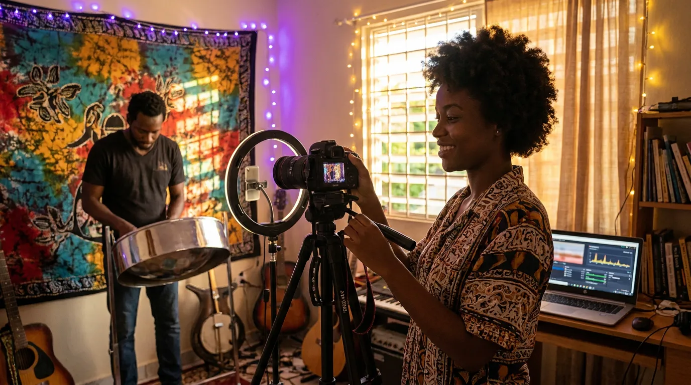 A creator lines up her camera on a steelpan player in her home studio, with a ring light and a live-stream screen.