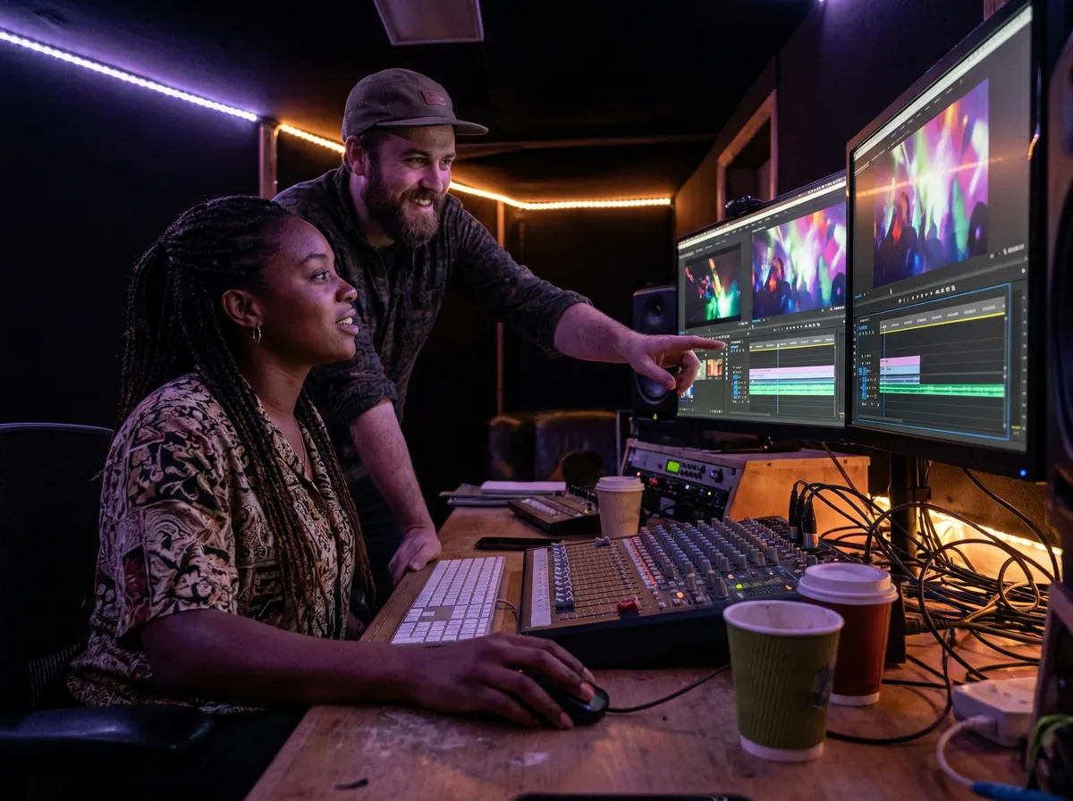 A video editor and a promoter at the edit desk at night, a concert on the timeline in front of them.