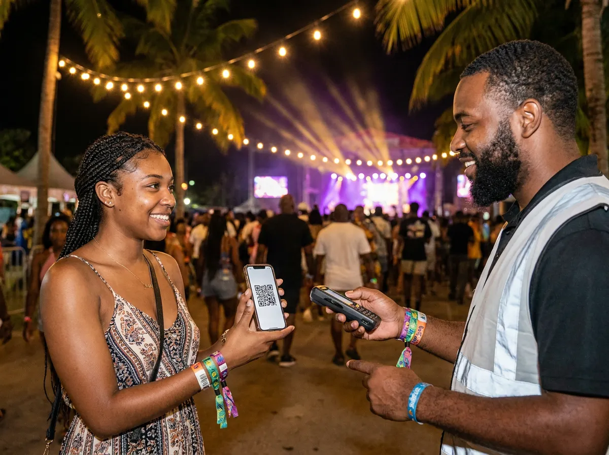 A fete-goer holds up her phone ticket at the gate while a steward scans it, the stage lit up behind them.